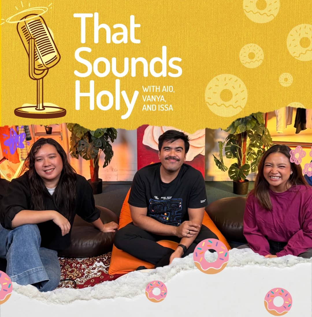 Aio, Vanya, and Issa of That Sounds Holy, seated together for the LIVE show poster